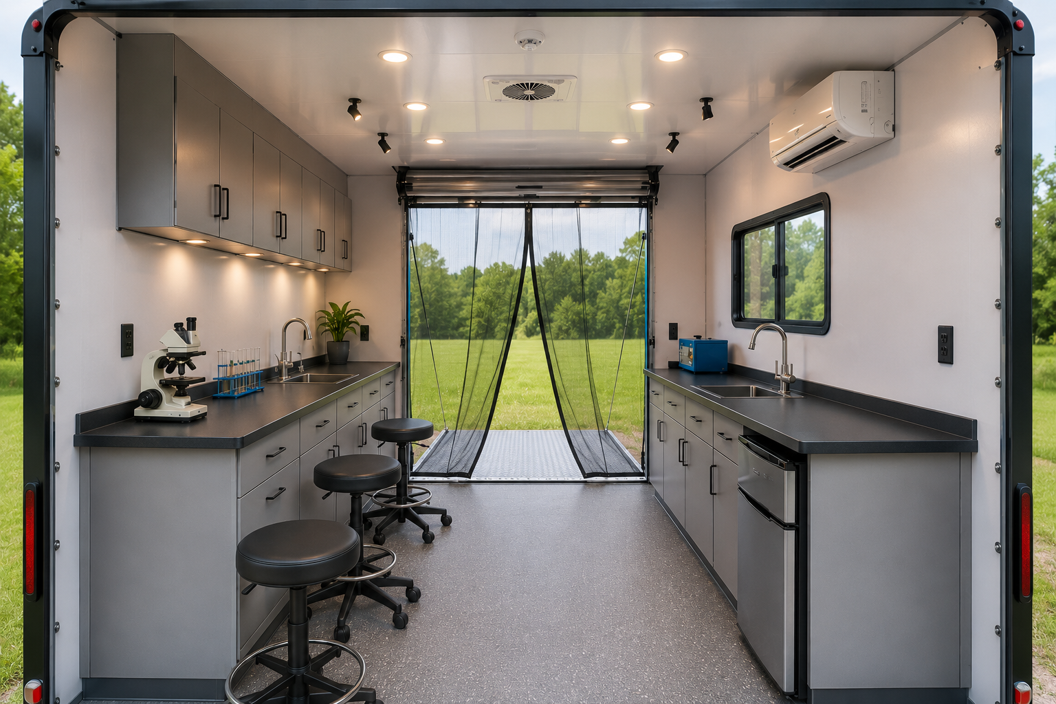 outside white trailer with logo